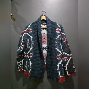POL Aztec Print Open Front Shawl Collar Cardigan Blue Burgundy Sz M Women